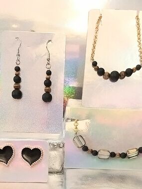Matte Black and Gold Bead Necklace & Earring Set - Women's Jewelry